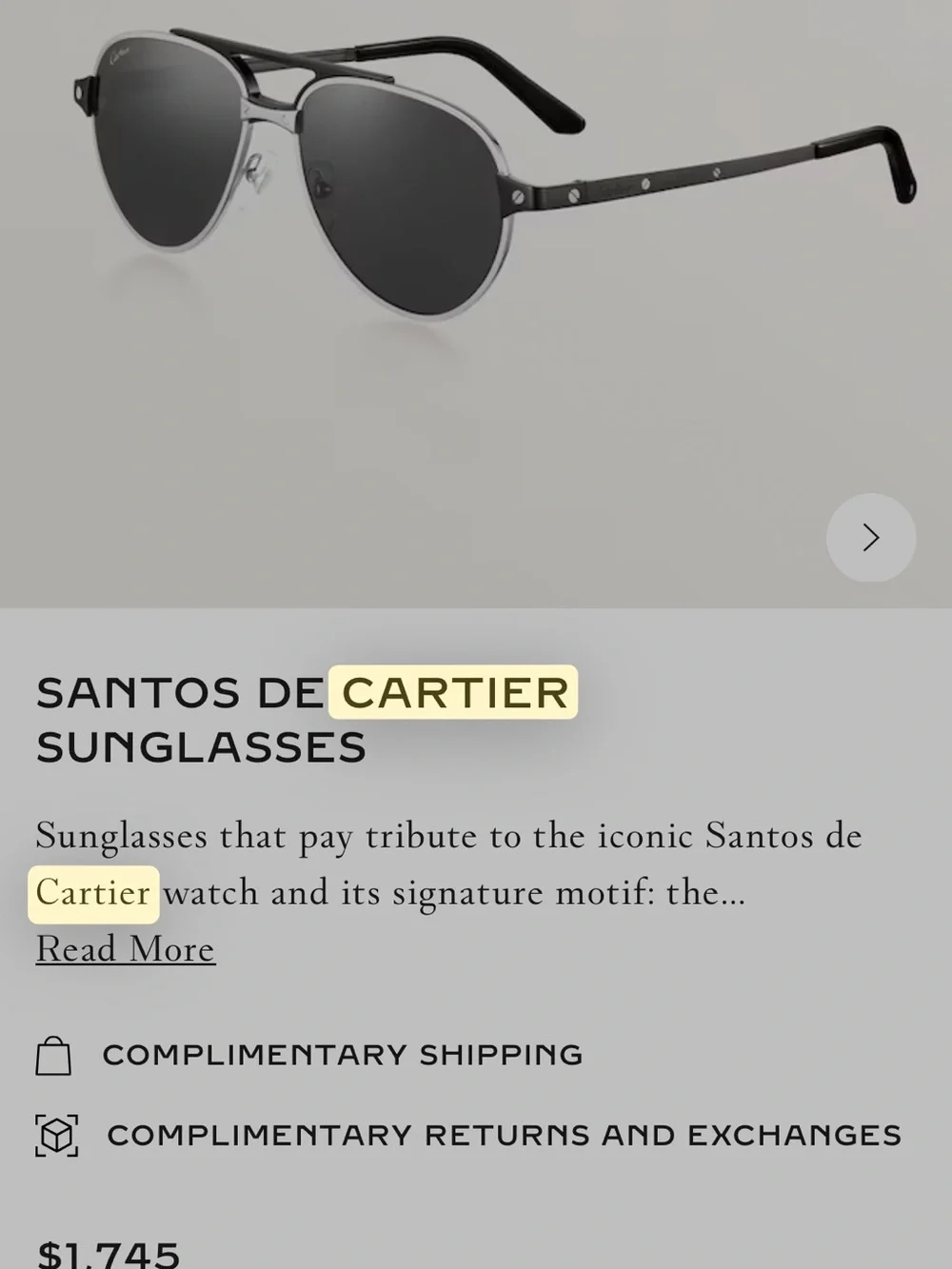 Cartier Black and Silver Santos De Cartier Aviator Sunglasses